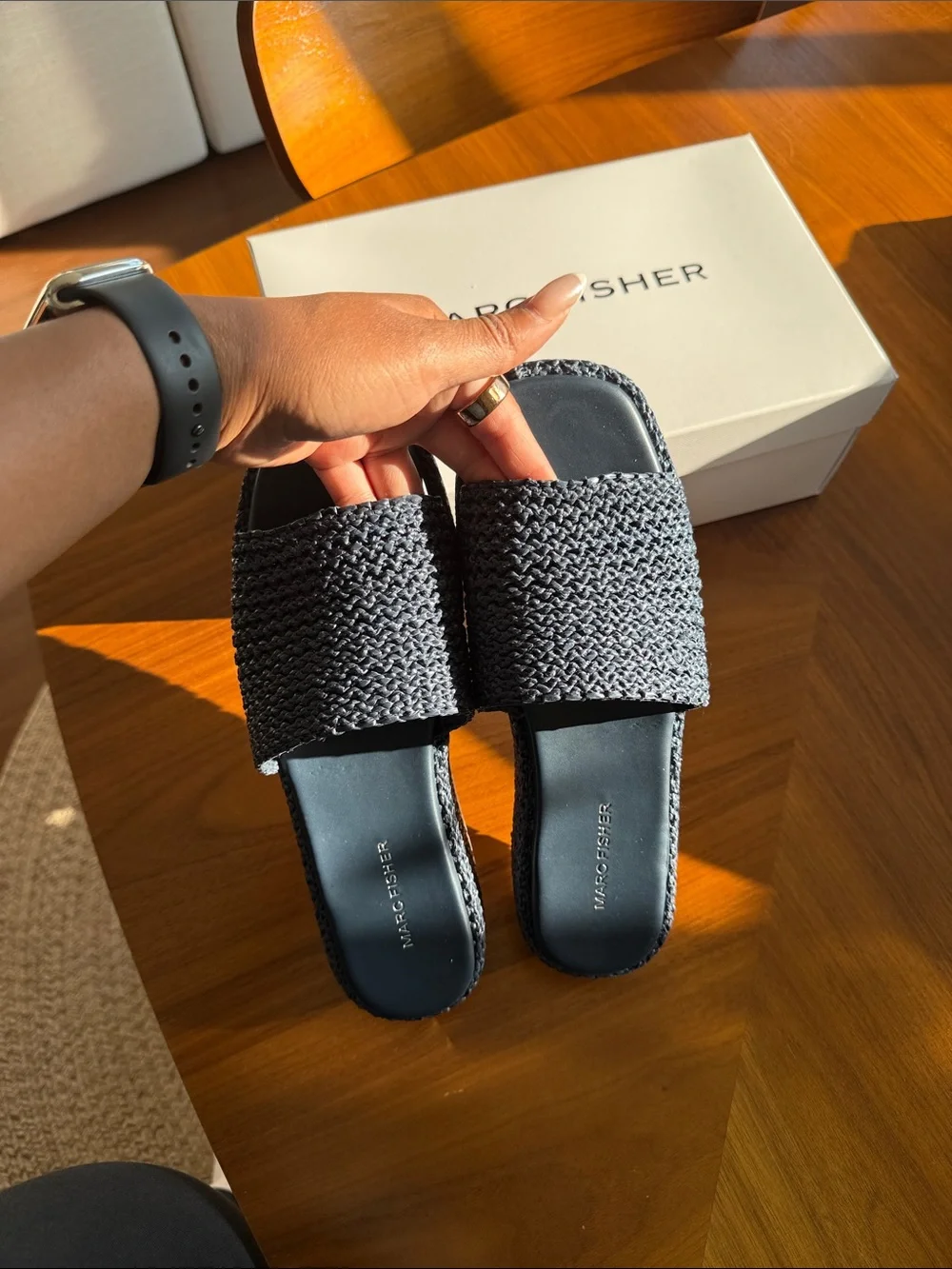 Marc Fisher Dark Blue Woven Platform Slide Sandals